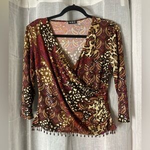 MSK Sequin Animal Paisley Wrap Blouse Fringe Hem